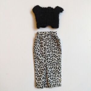 Vintage 60s Barbie Fashion Pak Clothing Outfit Black Knit Shell Top Floral Skirt